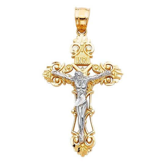 14k Yellow & White Gold Bold Crucifix Pendant Filigree Swirl Spiral Cross Charm