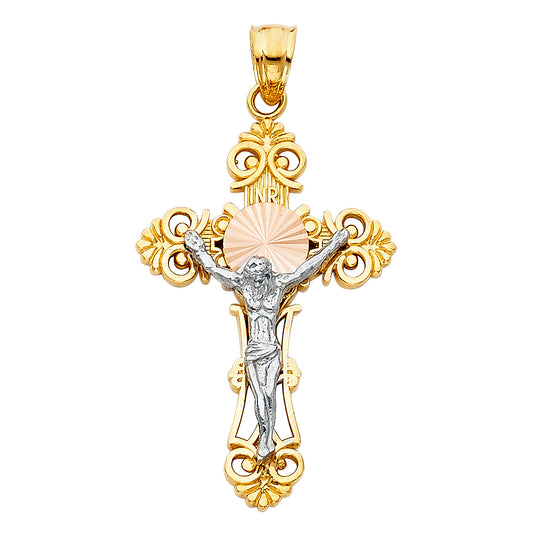 14k Yellow & White Gold Crucifix Pendant Vintage Cross Swirl Cutout Spiral Charm