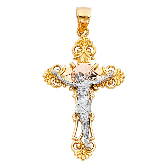 14k Yellow & White Gold Ornate Crucifix Pendant INRI Cross Filigree Swirl Charm