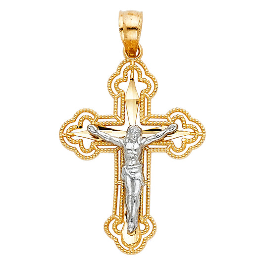 14k Yellow & White Gold Elegant Crucifix Cross Pendant Ornate Fancy Charm