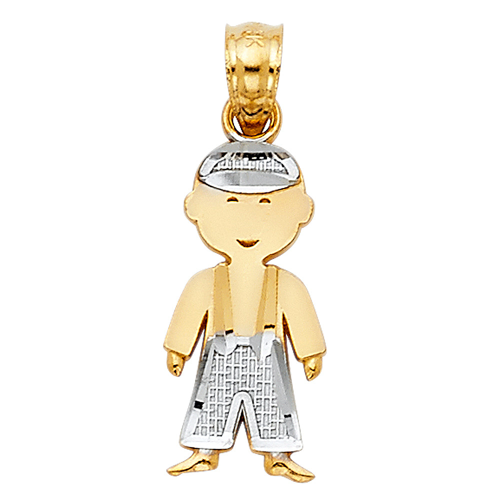 14k Two-Color Gold Boy Pendant Brother Farm Boy Kids Happy Fashion Charm