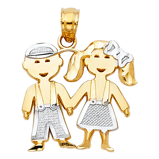 14k Two-Color Gold Twins Brother and Sister Pendant Family Diamond-Cut Charm