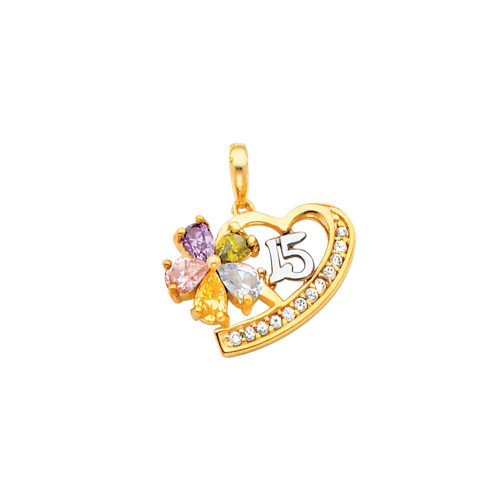 14k Yellow Gold Colorful Flower Quinceanera Heart Gift Pendant Floating Charm