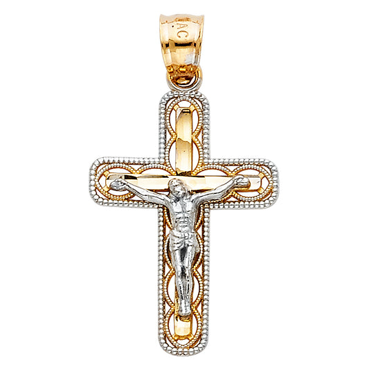 14k Yellow & White Gold Bold Cross Pendant Crucifix Faith Catholic Charm