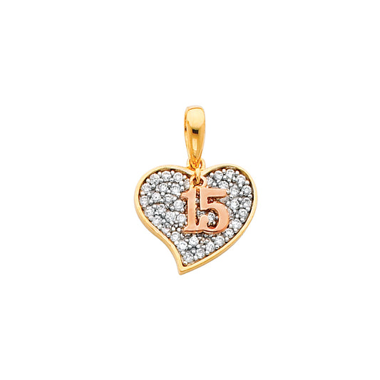 14k Yellow Gold Anniversary Heart Celebrating 15 Years Pendant Clear CZ Charm