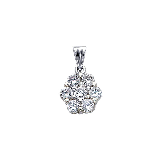 14k White Gold Clear CZ Cluster Pendant High Polished Unique Flower Charm