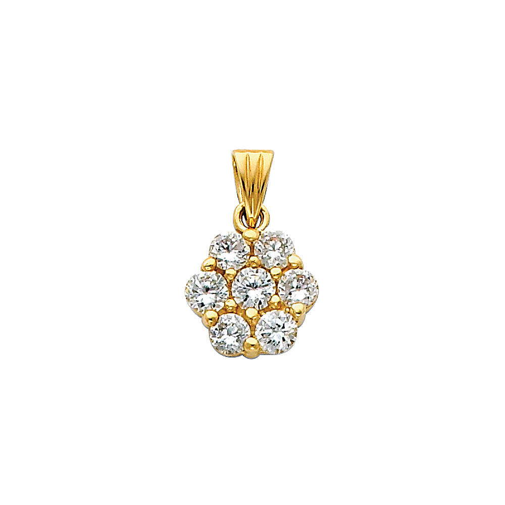 14k Yellow Gold Clear CZ Cluster Pendant High Polished Flower Charm
