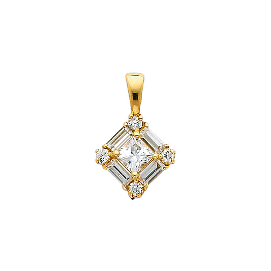 14k Yellow & White Gold Square Clear CZ Cluster Pendant Chic Fashion Charm