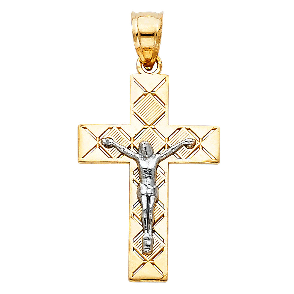 14k Yellow & White Gold Cross Pendant Jesus Christ Catholic Faith Crucifix Charm
