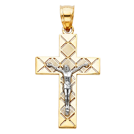 14k Yellow & White Gold Cross Pendant Jesus Christ Catholic Faith Crucifix Charm
