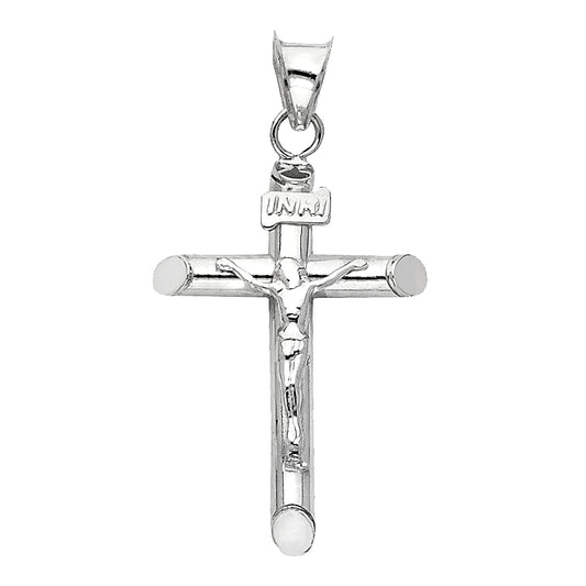 14k White Gold Bold Tube Cross Pendant High Polish Crucifix Jesus Christ Charm