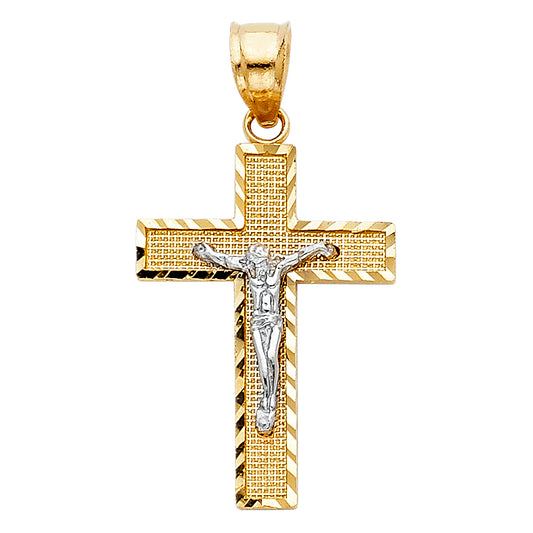 14k Yellow & White Gold Cross Pendant Diamond-Cut Crucifix Jesus Christ Charm