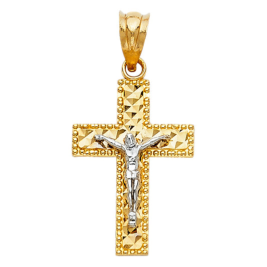 14k Yellow & White Gold Diamond-Cut Cross Pendant Crucifix Catholic Charm