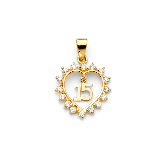 14k White Gold Bold Elegant Quinceanera Heart Pendant 15 Year Old Promise Charm