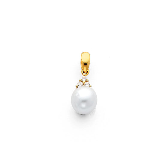 14k Yellow Gold Freshwater Pearl Hanging Pendant Clear CZ Romantic Charm