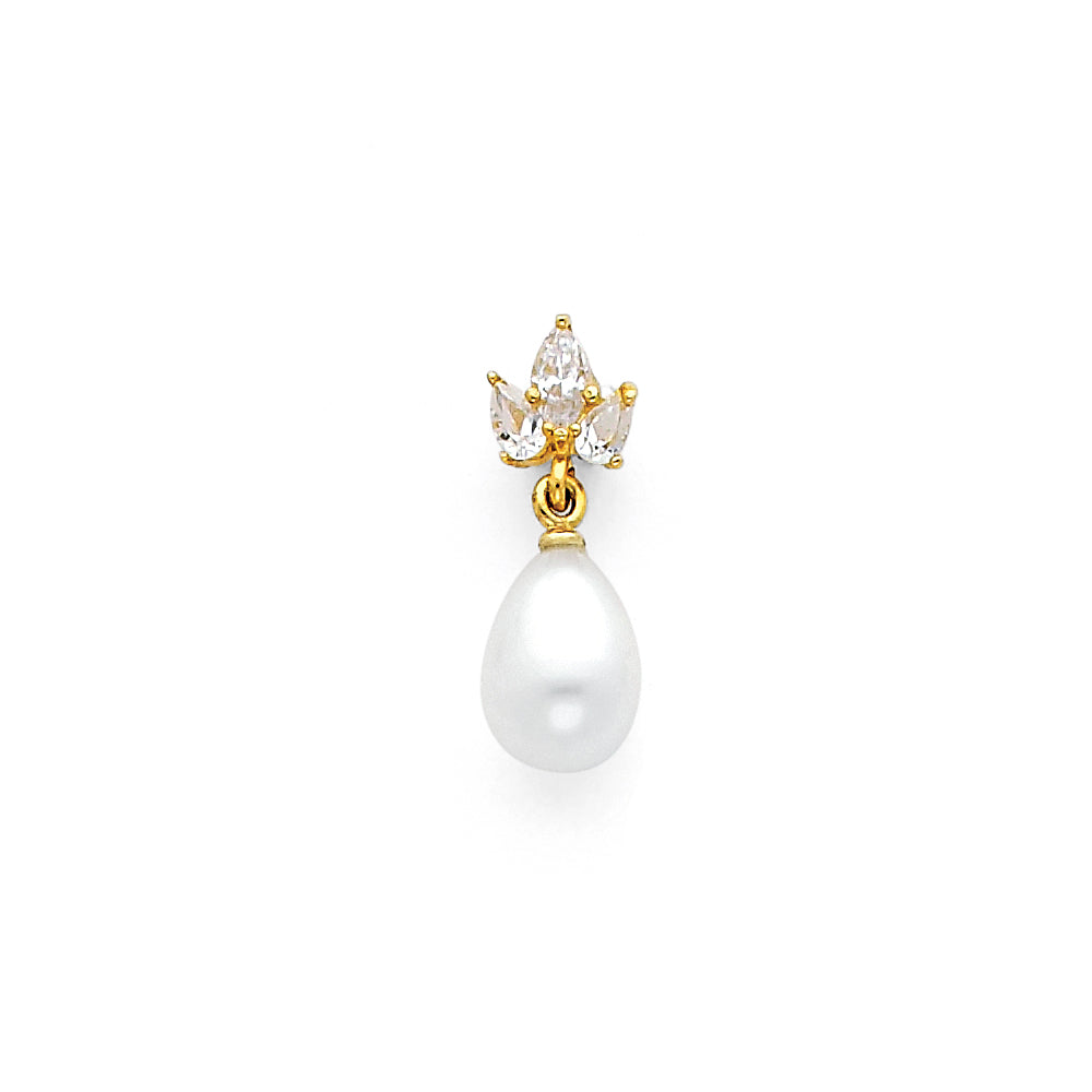 14k Yellow Gold Elegant Freshwater Pearl Teardrop Pendant Vintage Clear CZ Charm