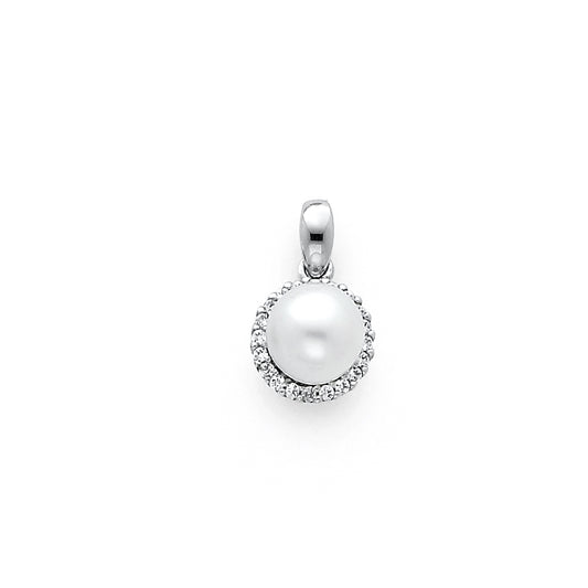 14k White Gold Sparkly Burst Circle Pendant Sphere Halo Simulated Pearl Charm