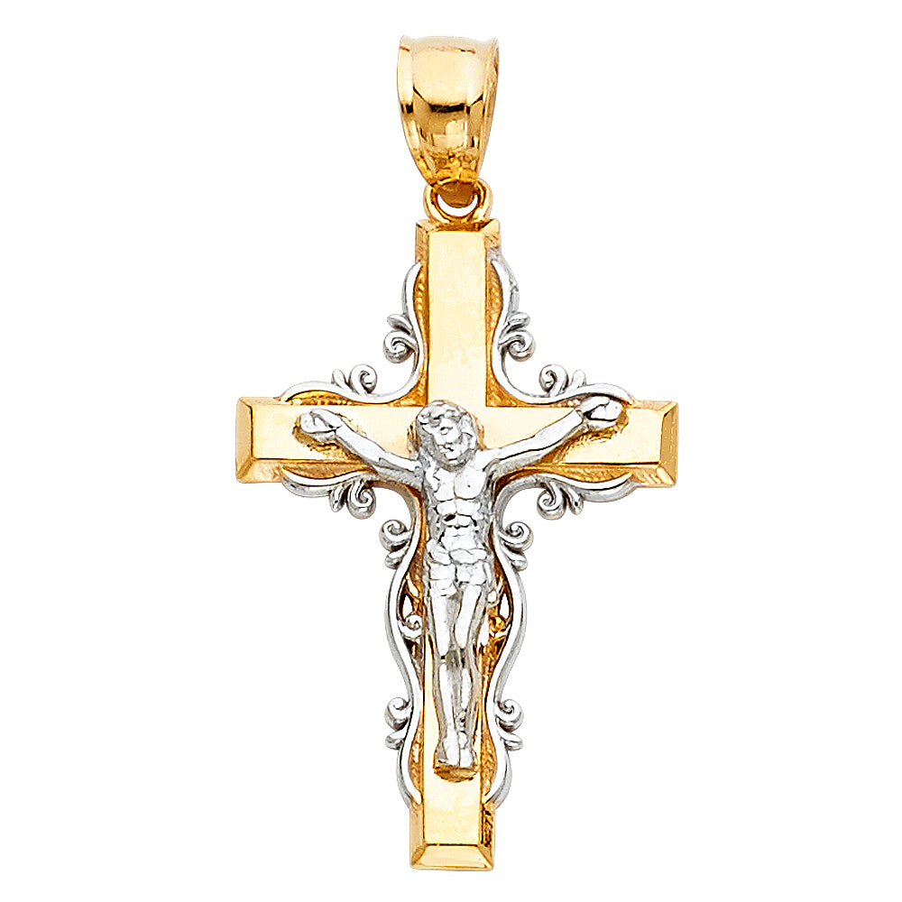 14k Yellow & White Gold Ornate Cross Pendant Catholic Crucifix Faith Charm