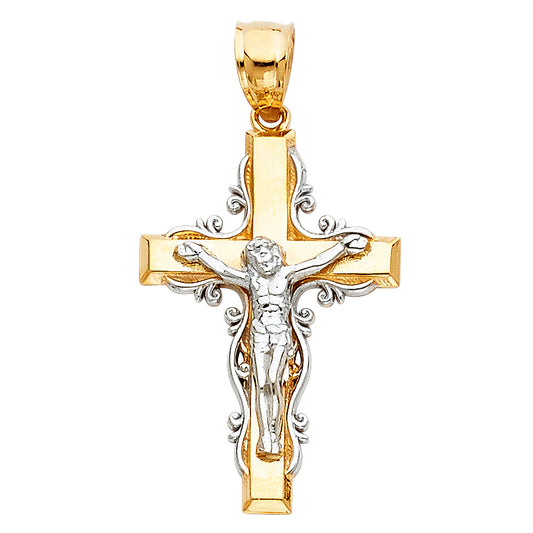 14k Yellow & White Gold Ornate Cross Pendant Catholic Crucifix Faith Charm