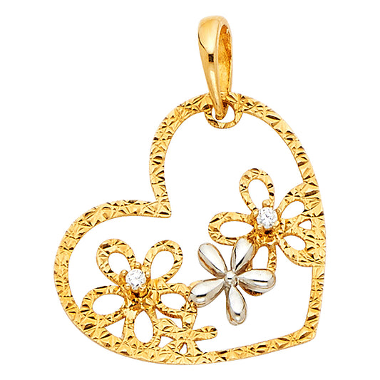 14k Two-Color Gold Cute Promise Heart Pendant Flower Clear CZ Love Charm