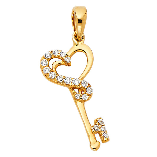14k Yellow Gold Infinity Skeleton Key To My Heart Pendant Stylish Clear CZ Charm