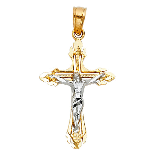 14k Yellow & White Gold Precision-Cut Crucifix Pendant Christian Catholic Charm