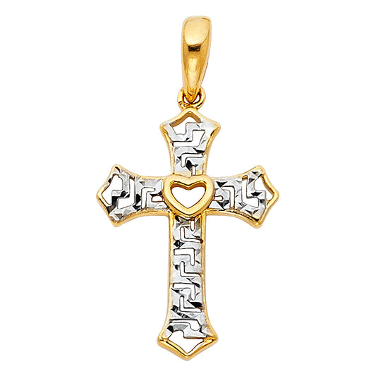 14k Two-Color Gold Precision-Cut Greek Key Cross With Heart Pendant Holy Charm