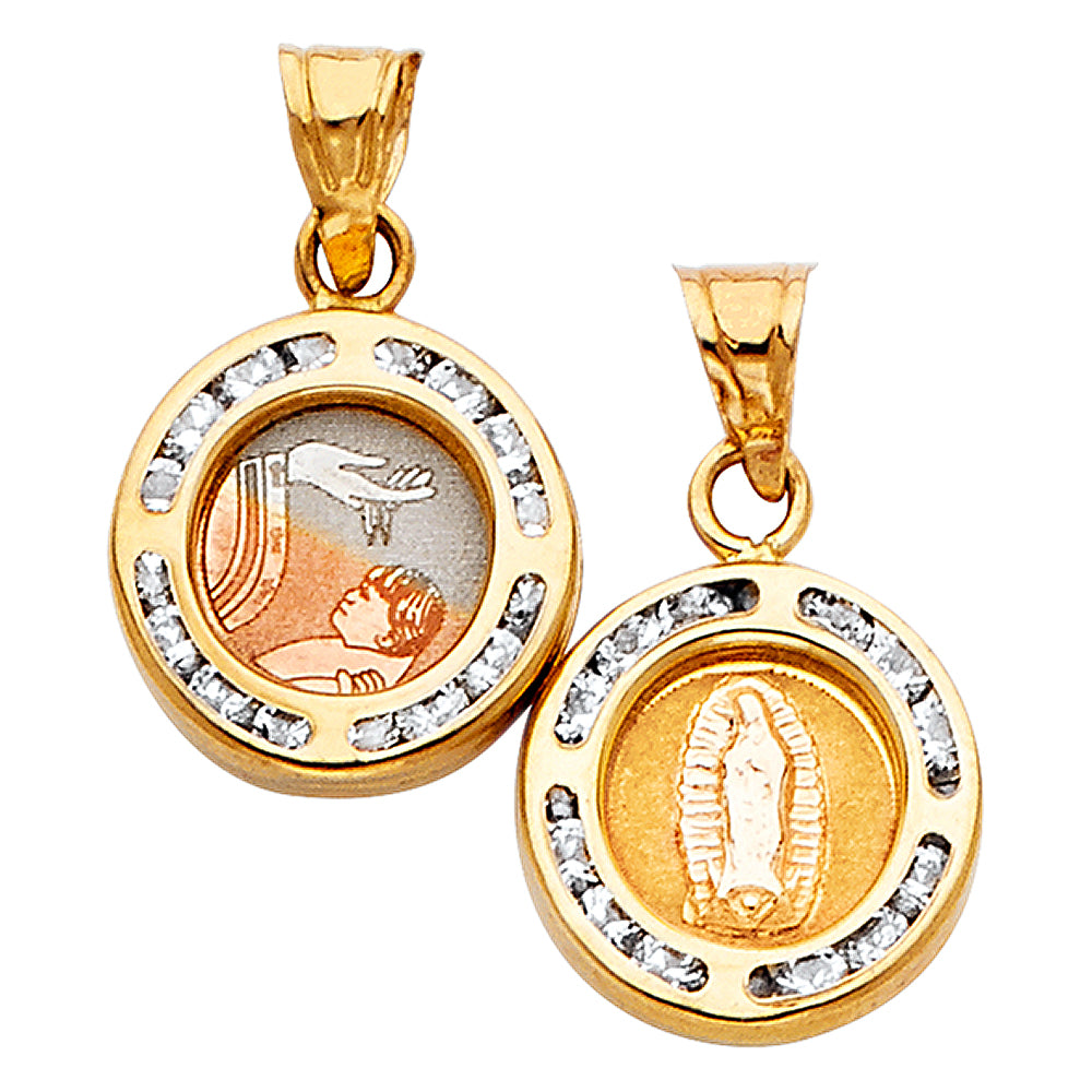 14k Tri-Color Gold 2 Sided Catholic Medallion Pendant Baptism Virgin Mary Charm