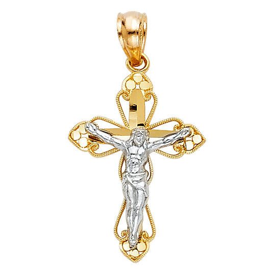 14k Yellow & White Gold Cross Pendant Catholic Christian Crucifix Charm