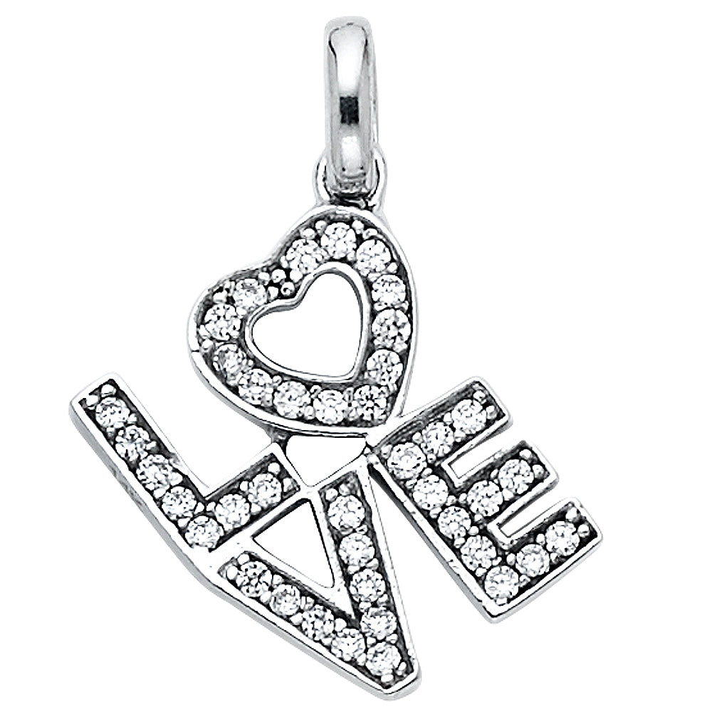 14k White Gold Cute Studded Love Word Pendant Typography Clear CZ Heart Charm