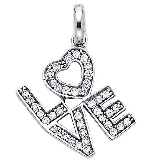 14k White Gold Cute Studded Love Word Pendant Typography Clear CZ Heart Charm