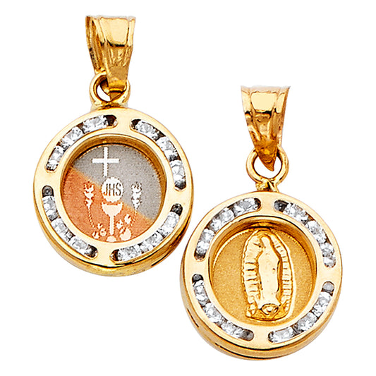 14k Tri-Color Gold Jesus Hominum Salvator Two Sided Virgin Mary JHS Pendant