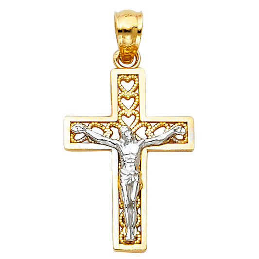 14k Yellow & White Gold Crucifix Cross Pendant Catholic Christian Charm