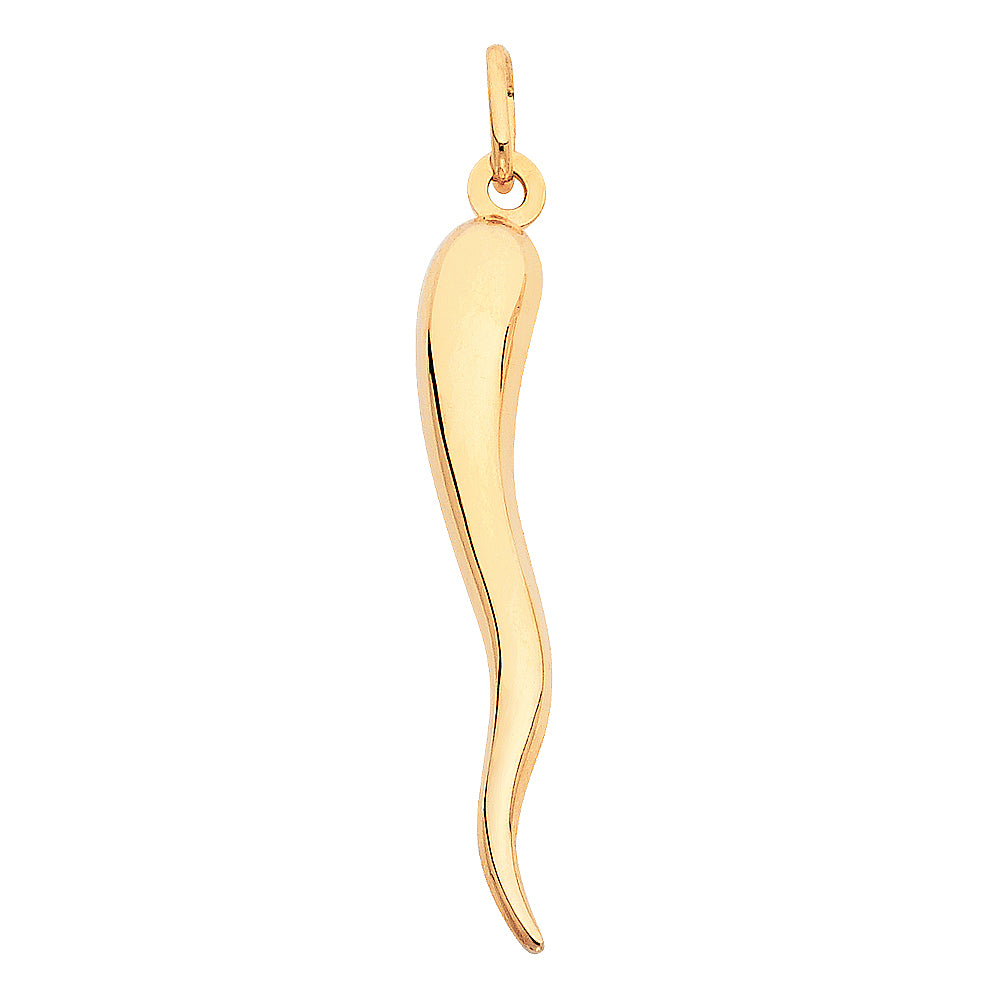 14k Yellow Gold Diamond-Cut Italian Horn Pendant Slender Chili Pepper Charm