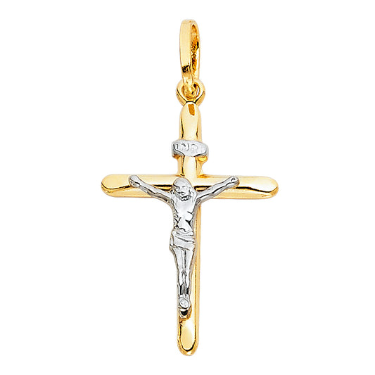 14k Yellow & White Gold Rounded Cross Pendant Jesus Christ Crucifix Faith Charm