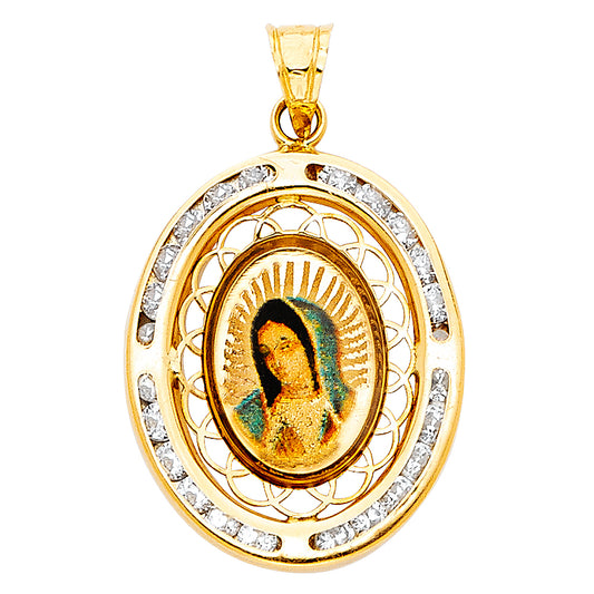 14k Yellow Gold Our Lady of Guadalupe Clear CZ Saint Mary Virgin Mother Pendant