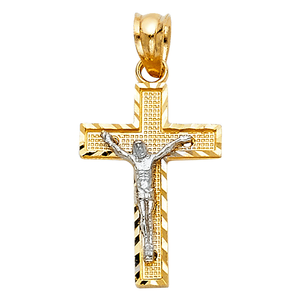 14k Yellow & White Gold Diamond-Cut Cross Pendant Crucifix Catholic Charm
