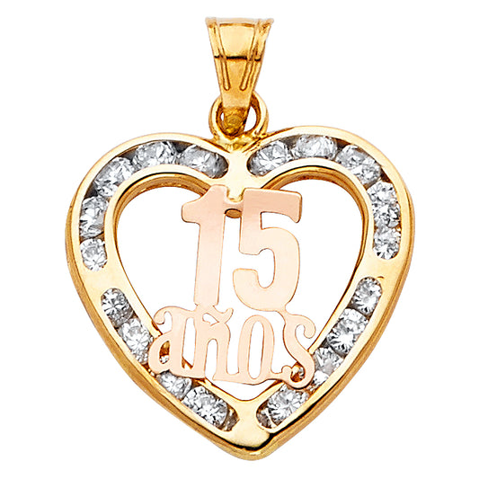 14k Yellow Gold Birthday 15 Years Anos Quinceanera Gift Pendant Clear CZ Charm