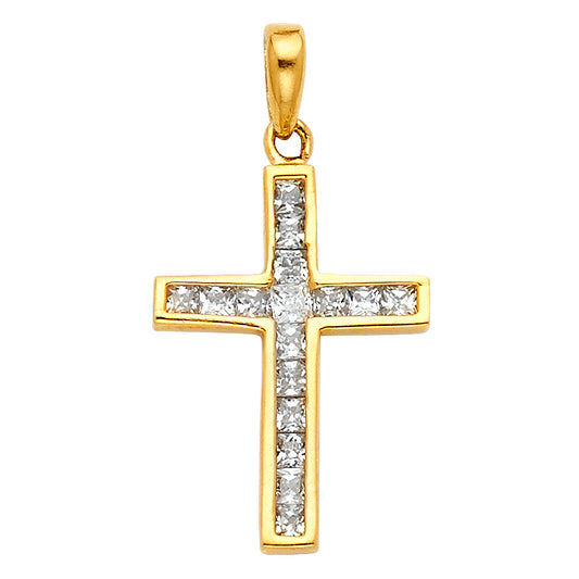 14k Yellow Gold Modern Design Clear CZ Inlay Christian Cross Pendant Holy Charm