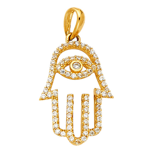 14k Yellow Gold Clear CZ Cluster Hand of God Pendant Hamsa Evil Eye Charm