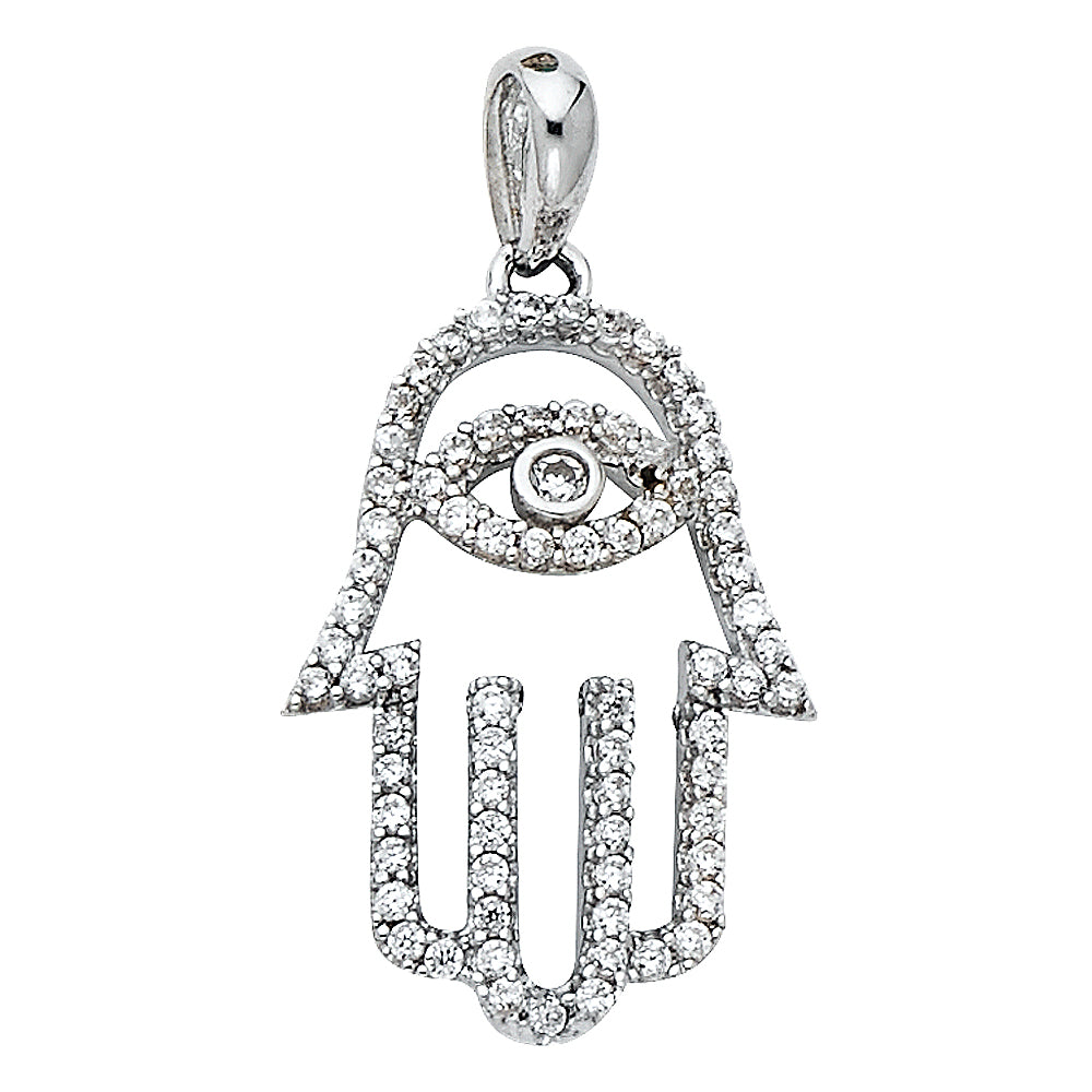 14k White Gold Elegant Studded Hand of God Pendant Hamsa Evil Eye Outline Charm