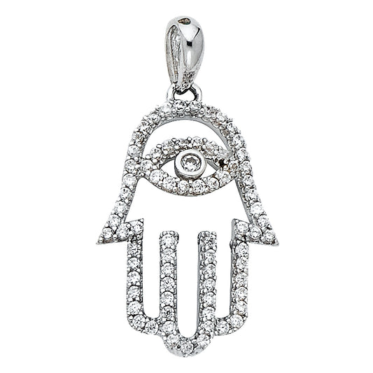 14k White Gold Elegant Studded Hand of God Pendant Hamsa Evil Eye Outline Charm