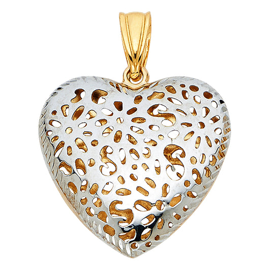 14k Two-Color Gold Elegant Design Ornate Puffed Heart Pendant Romantic Charm
