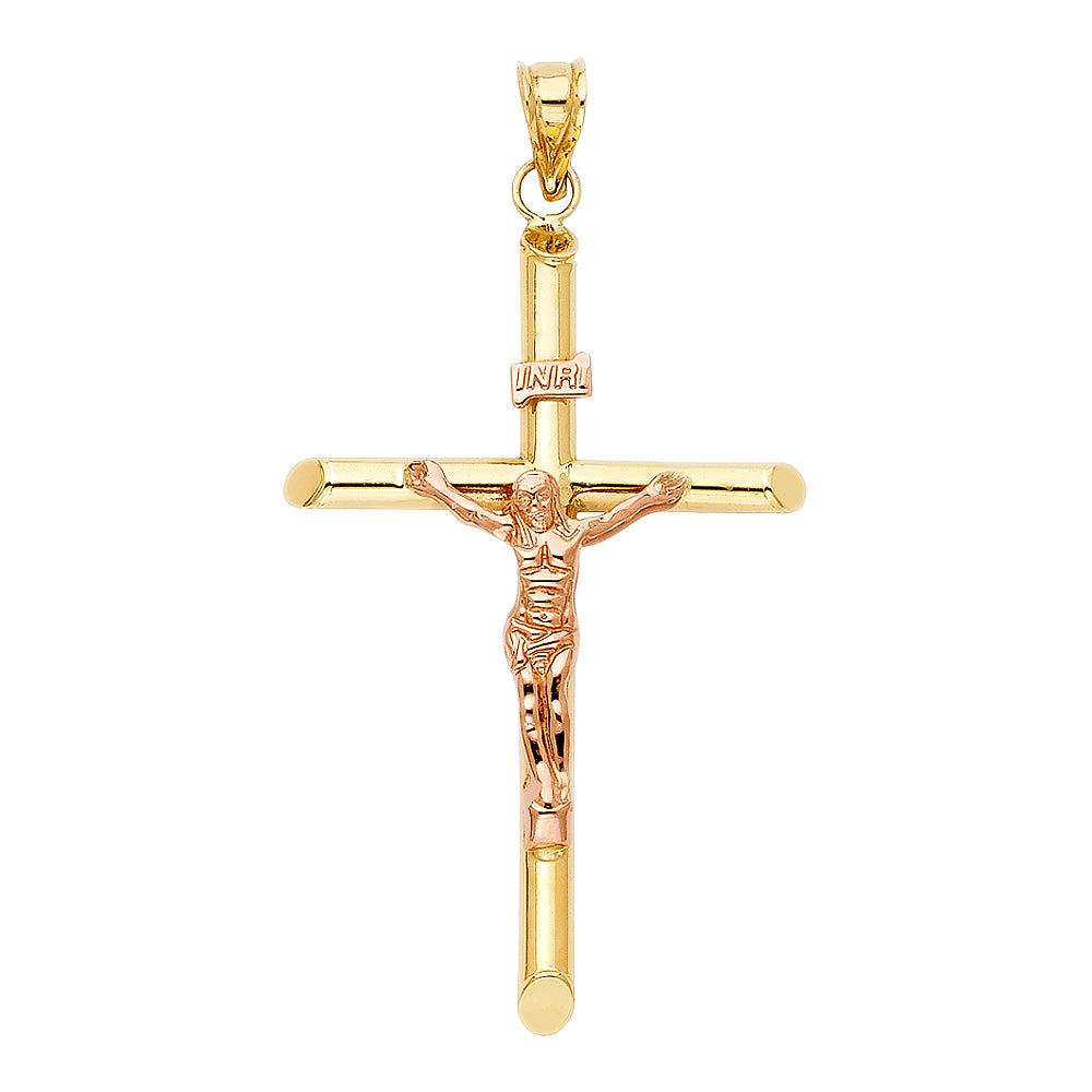 14k Two-Color Gold Jesus Christ Catholic Crucifix Cross Pendant King Charm