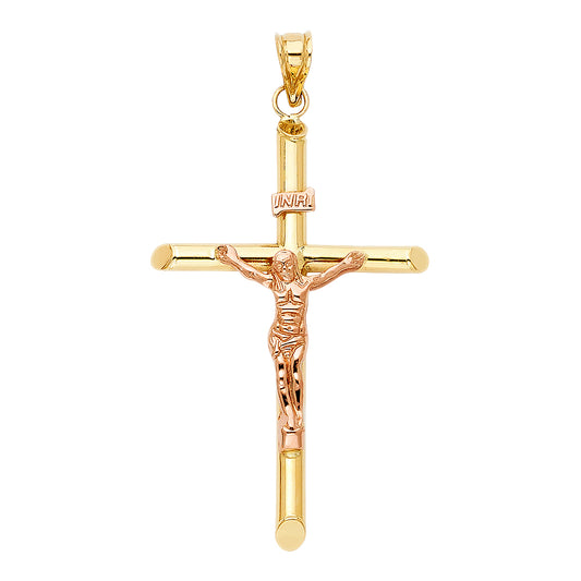 14k Two-Color Gold Jesus Christ Catholic Crucifix Cross Pendant King Charm