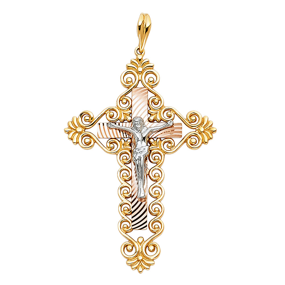 14k Tri-Color Gold Jesus Christ Crucifix Pendant Catholic Faith Love Charm
