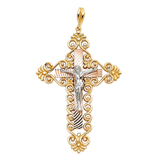 14k Tri-Color Gold Jesus Christ Crucifix Pendant Catholic Faith Love Charm