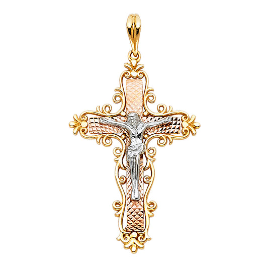 14k Tri-Color Gold Jesus Christ Crucifix Cross Pendant Catholic Faith Charm