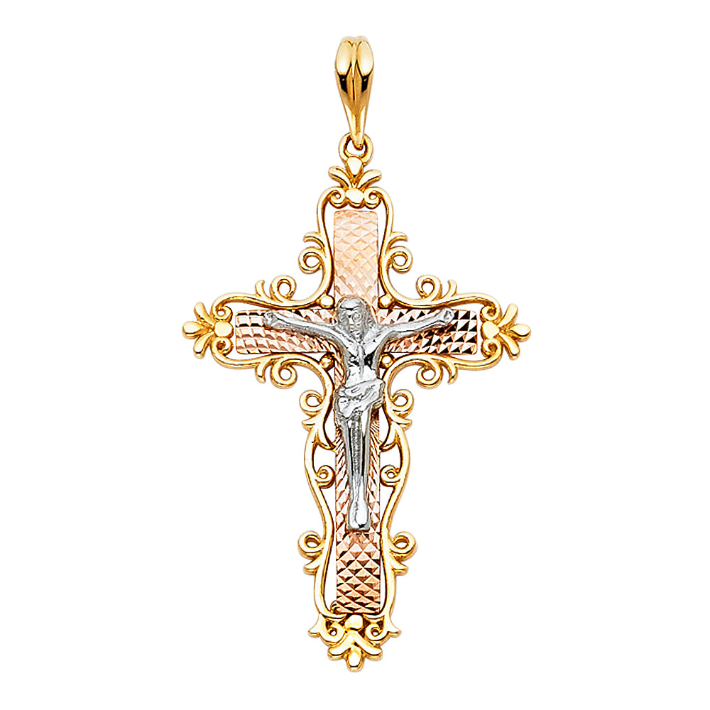 14k Tri-Color Gold Jesus Christ Crucifix Cross Pendant Catholic Faith Charm