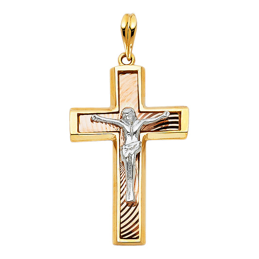 14k Tri-Color Gold Crucifix Jesus Christ Cross Catholic Faith Love Pendant